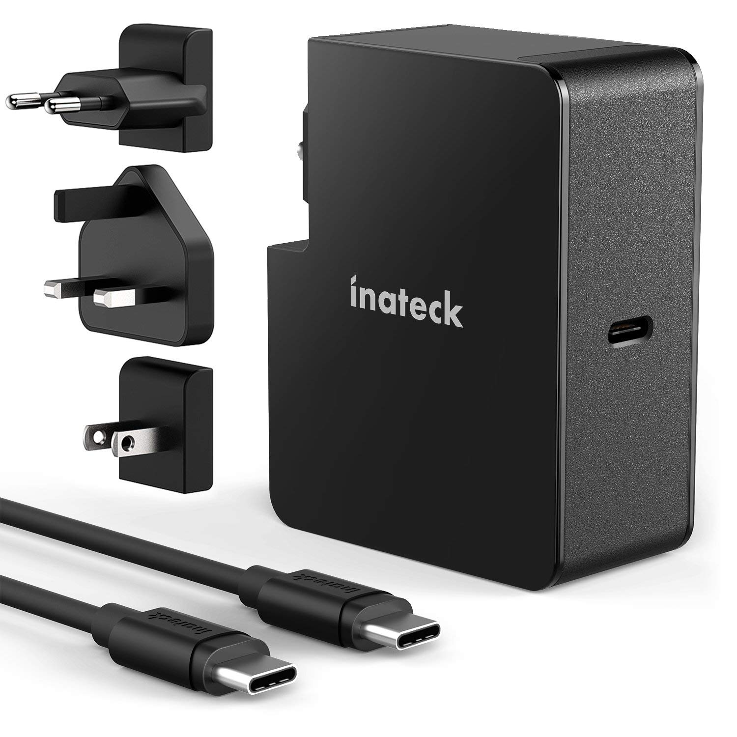 Inateck 60W USB Type C Netzteil PD-Ladegerät mit 2 m USB C Kabel und US/UK/EU Reisesteckadaptern für MacBook, MacBook Pro 13"/15", iPad Pro, Chromebook Pixel, Schwarz