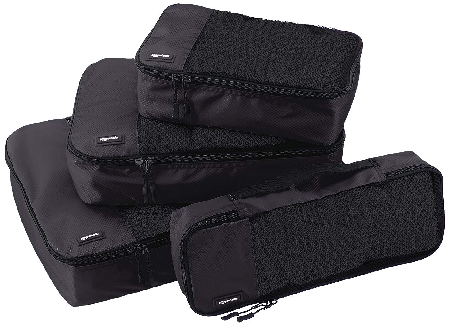 AmazonBasics Kleidertaschen-Set, 4-teilig, je 1 kleine, mittelgroße, große und schmale Packtasche, Schwarz