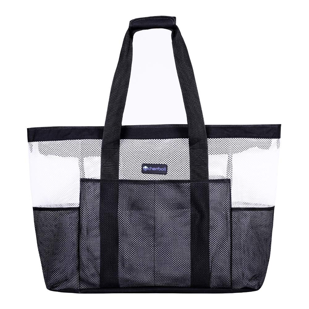OOSAKU Mesh Strandtaschen Tote Shopping Travel Picknick Lebensmittelgeschäft Lagerung Handtaschen mit übergroßen Taschen Reißverschlüsse (xxl, Schwarz-Weiss)