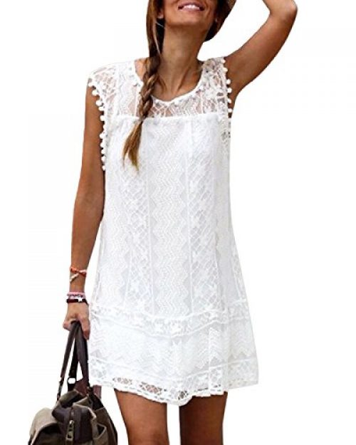 YOINS Sommerkleid Damen Kleider A-Linie Loose Elegant Spitzekleid Minikleid, Weiß, Strandkleider
