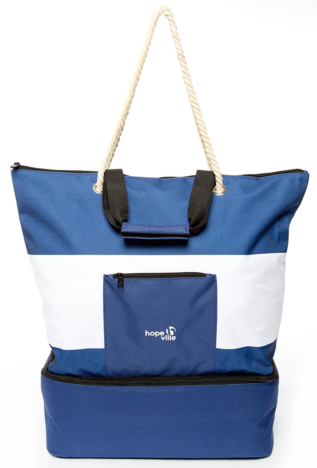 Hopeville große XXL Strandtasche mit Reißverschluss und Integrierter Kühltasche, Wasserabweisende Familien Picknicktasche im Marine-Look für Urlaub, Picknick und Shopping (Blau-Weiß)