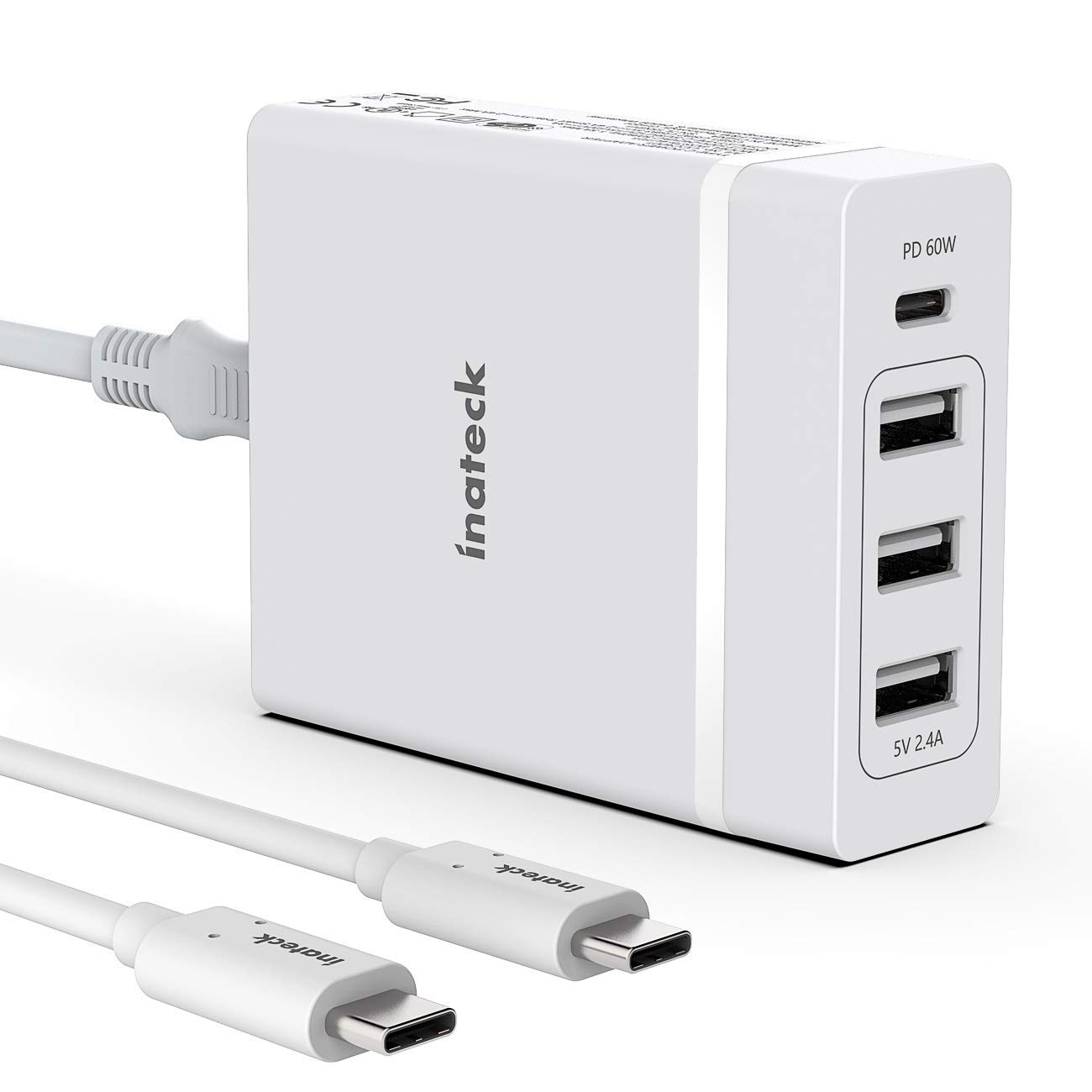 Inateck 4 Ports 72W USB C Ladegerät mit 2M Type C Kabel, 60 W USB C Port und 3 USB A Ports für Laptops, Tablets, Phones wie iPhone XS/XS Max/XR, Weiß