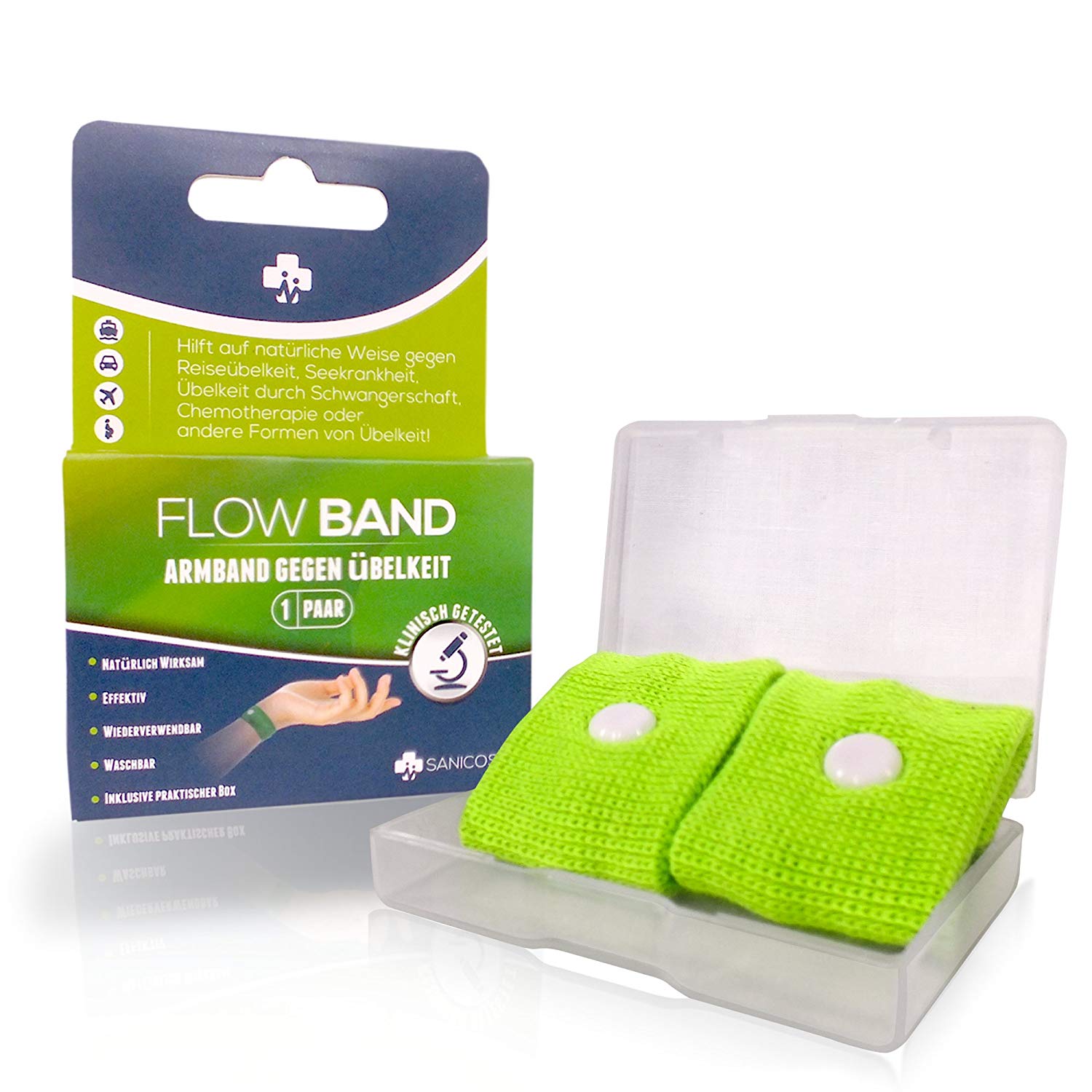 Sanicos Flow Band - Hochwertiges Akupressur Armband – Befreit zuverlässig von Übelkeit – Natürlich wirksam bei Schwangerschaftsübelkeit, Seekrankheit, Reiseübelkeit uvm - inclusive praktischer Box