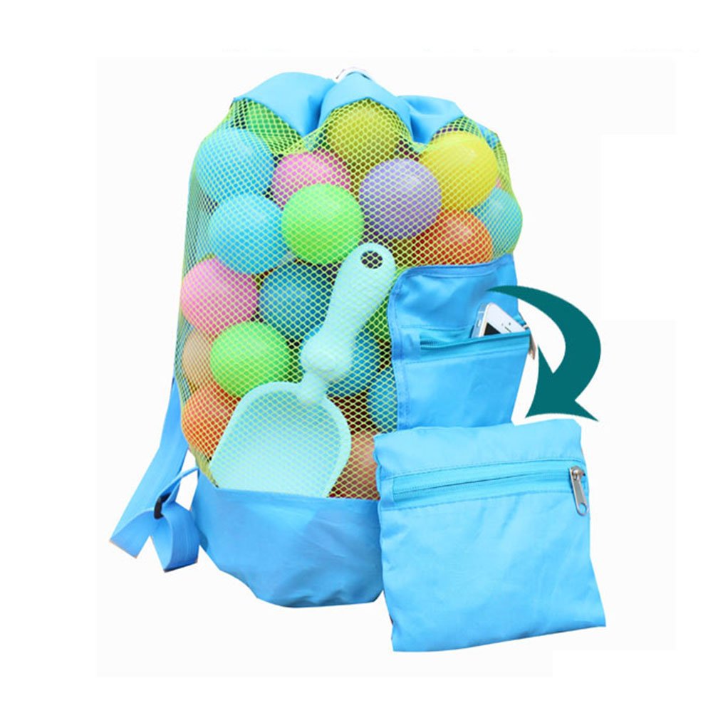 Gaeruite Strandspielzeug Tasche Strandtasche Mesh Beach Bag, Sandspielset in Netztasche, Kinder Rucksack Strandtasche Eltern-Kind-Stil Faltbare Aufbewahrungstasche, Spielzeug sind nicht enthalten (Blue)
