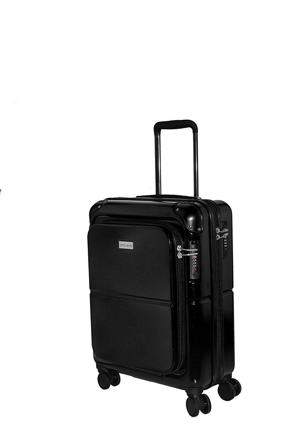 Amoveda Handgepäck Trolley Koffer mit Waage im Griff, Powerbank,TSA, Notebookfach, 4 Rollen, Erweiterbar, 55cm | 100% PC Hartschale | schwarz