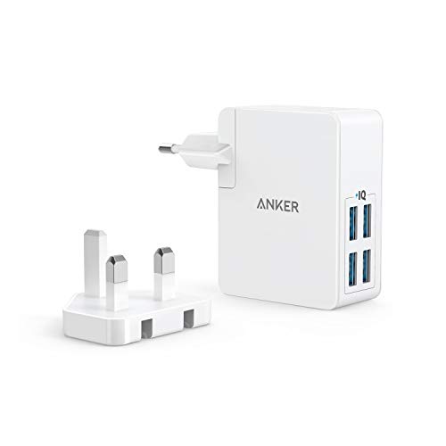 Anker PowerPort Lite 27W 2.4A 4 Port USB Ladegerät mit Austauschbarem UK und EU Reiseadapter und Power IQ für iPhone 8/8 Plus / 7 / 6s, iPad Air/Mini, Samsung Galaxy/Note, LG, HTC usw. (Weiß)