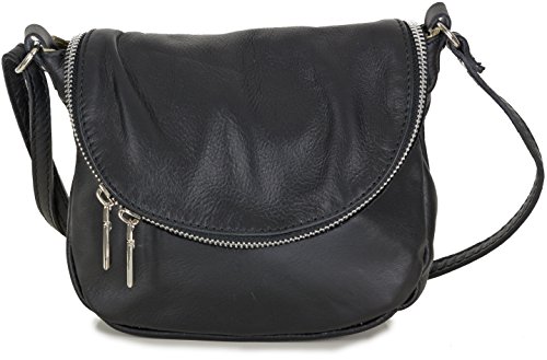 Kleine italienische Handtasche Ledertasche Crossbag für Damen aus weichem Leder schwarz (20x17x7 cm)