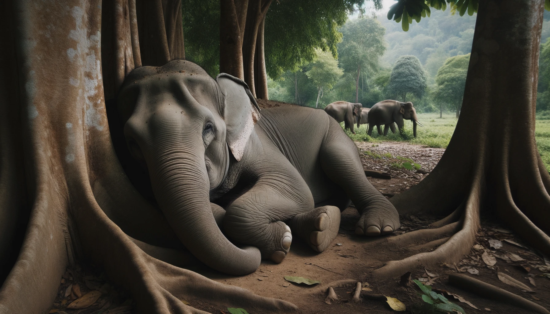 Foto von einem Elefanten, der in einem Schutzgebiet in Thailand ruht. Der Elefant liegt im Schatten eines Baumes, während andere Elefanten im Hintergr