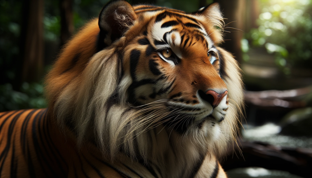 Foto von einem majestätischen bengalischen Tiger, der sich in einem schattigen Bereich des thailändischen Dschungels ausruht. Sein Fell glänzt im gedä