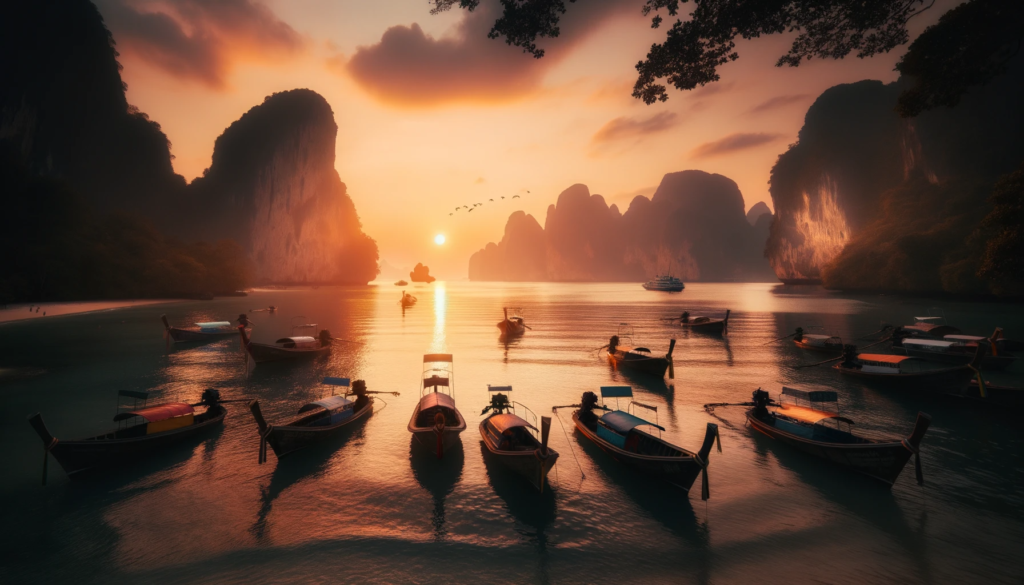 Urlaubsziel Thailand - Photo of a serene sunset at Railay Beach in Thailand, with long-tail boats anchored in the calm waters and the silhouette of limestone karsts in the b