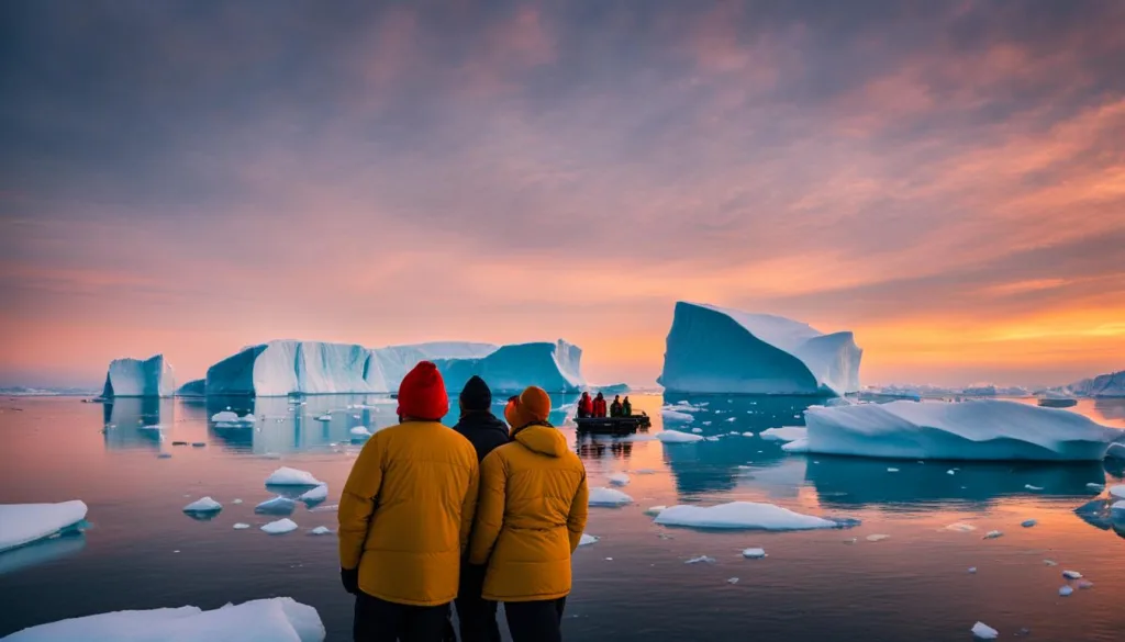 Reisegruppe vor majestätischen Eisbergen in der Disko-Bucht