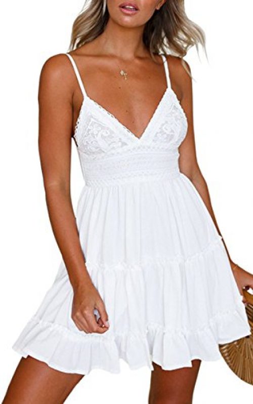 ECOWISH V Ausschnitt Kleid Damen Spitzenkleid Träger Rückenfreies Kleider Sommerkleider Strandkleider Weiß S